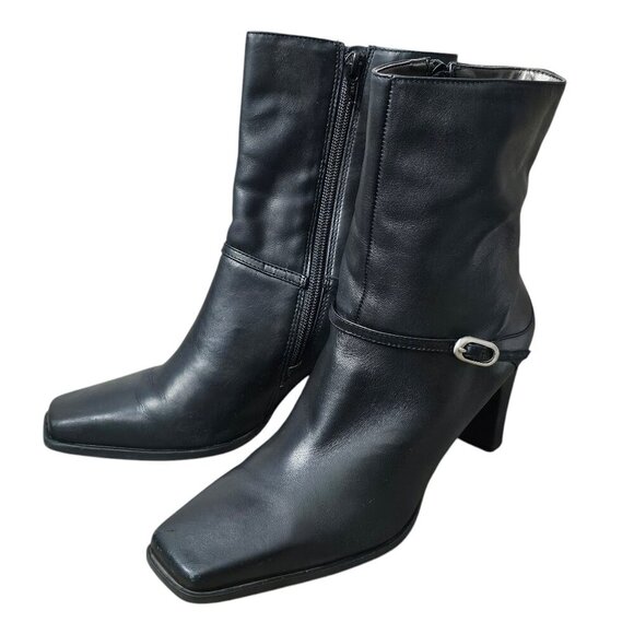 Markon Frannie Leather Buckle Square Toe Black Zip Up Heel Boot - Picture 3 of 12